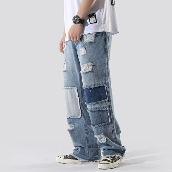 spring new men's jeans holes spot colour sticker waterwash drop feeling straight cylinder broad-legged pants, Blue
spring new men's jeans holes spot colour sticker waterwash drop feeling straight cylinder broad-legged pants, Blue