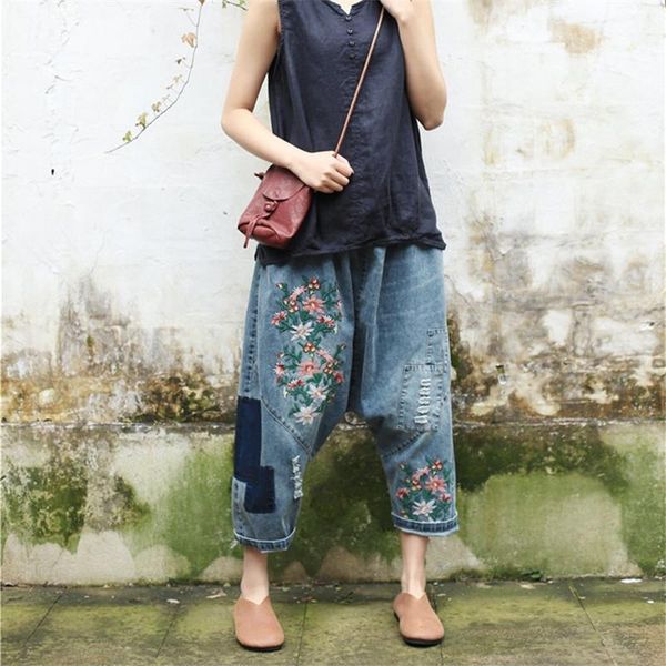 women plus size baggy low crotch denim pants elastic waist floral embroidered harem trousers mid hip hop jeans, Blue
women plus size baggy low crotch denim pants elastic waist floral embroidered harem trousers mid hip hop jeans, Blue