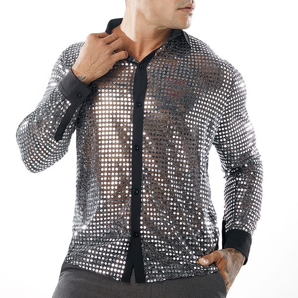 mens dress shirt silver sequins long sleeve button down 70s disco shirt party costume, White;black
mens dress shirt silver sequins long sleeve button down 70s disco shirt party costume, White;black