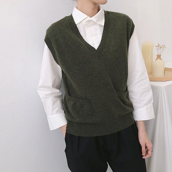 women's sweaters wool and cashmere v-neck sweater knitted vest sleevelss solid color loose casual pull with pockets 2021 spring top, White;black
women's sweaters wool and cashmere v-neck sweater knitted vest sleevelss solid color loose casual pull with pockets 2021 spring top, White;black