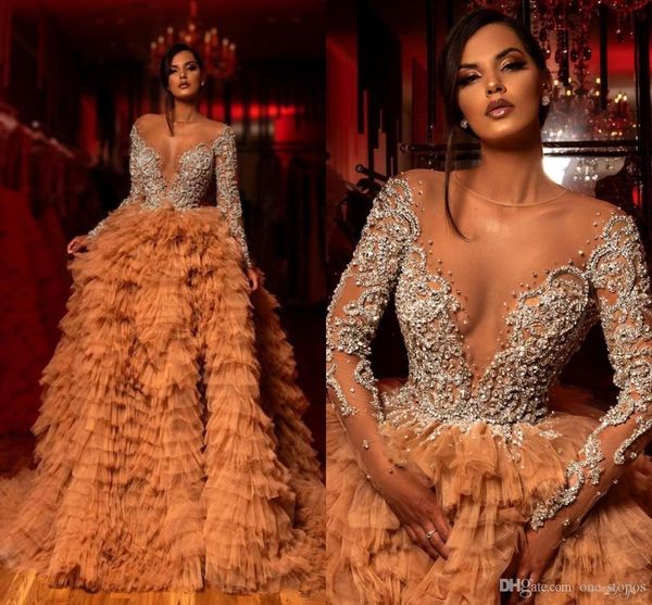 2020 luxurious gold tiered tulle evening dress beaded crystals sheer neck prom dresses long sleeves formal gowns vestidos de gala, Black
2020 luxurious gold tiered tulle evening dress beaded crystals sheer neck prom dresses long sleeves formal gowns vestidos de gala, Black