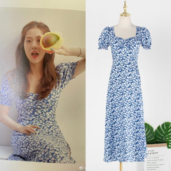 jin zhixiu's same blue small daisy flower show thin square collar retro short sleeve dress new style, White
jin zhixiu's same blue small daisy flower show thin square collar retro short sleeve dress new style, White