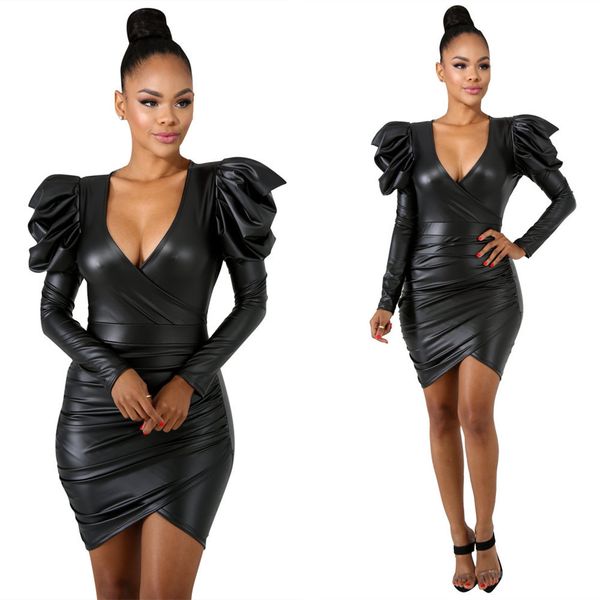 women dress pu faux leather long sleeve metallic v-neck high elastic slim fit short mini black dress solid dress, Black;gray
women dress pu faux leather long sleeve metallic v-neck high elastic slim fit short mini black dress solid dress, Black;gray