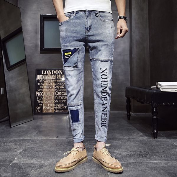 men's fashion vintage ripped jeans skinny slim fit zipper denim pant destroyed frayed trousers letter print pants jeans hombre, Blue
men's fashion vintage ripped jeans skinny slim fit zipper denim pant destroyed frayed trousers letter print pants jeans hombre, Blue