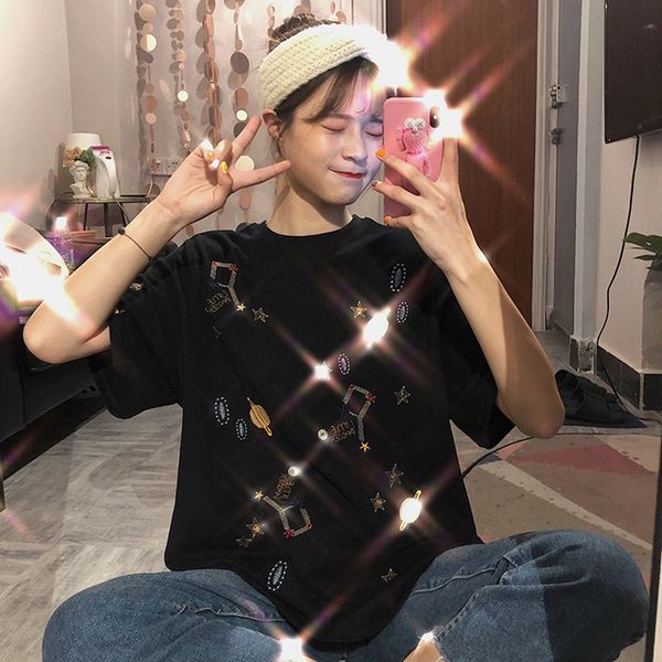 mori girl new brand summer fashion loose print t-shirt star embroidered sequins leisure cotton t-shirt for student, White
mori girl new brand summer fashion loose print t-shirt star embroidered sequins leisure cotton t-shirt for student, White