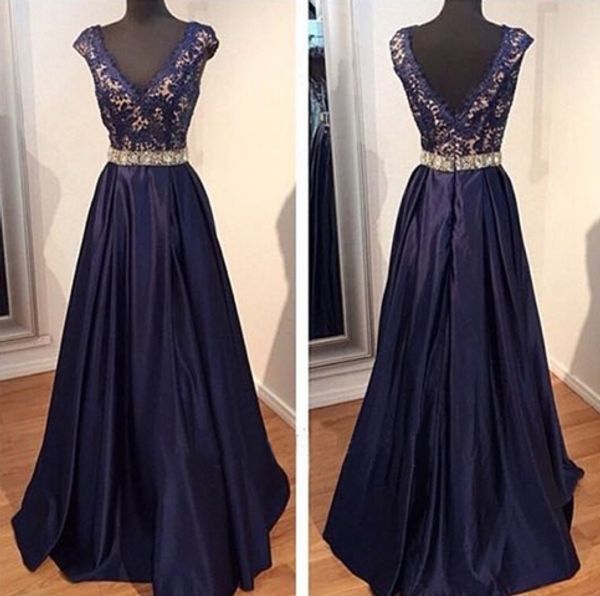 navy blue prom dresses long lace crystal beaded sashes deep v-neck cap sleeve v open back dresses evening wear formal party dress, Black
navy blue prom dresses long lace crystal beaded sashes deep v-neck cap sleeve v open back dresses evening wear formal party dress, Black