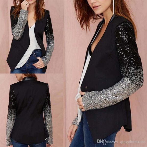 women thin jacket coat 2019 spring autumn long sleeve lapel fashion silver black sequin elegant slim work blazers suit feminino, White;black
women thin jacket coat 2019 spring autumn long sleeve lapel fashion silver black sequin elegant slim work blazers suit feminino, White;black