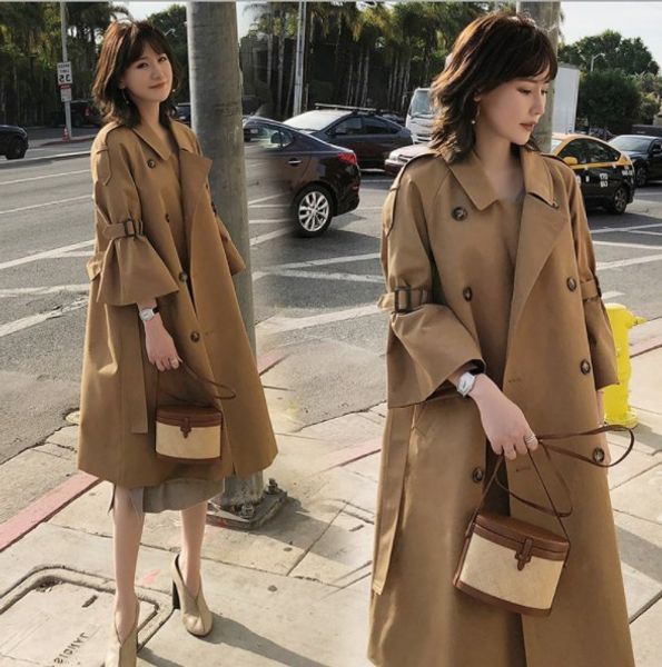 

womens spring autumn long trench coat femme double breasted windbreaker khaki white women knee length loose jackets coats sash, Tan;black