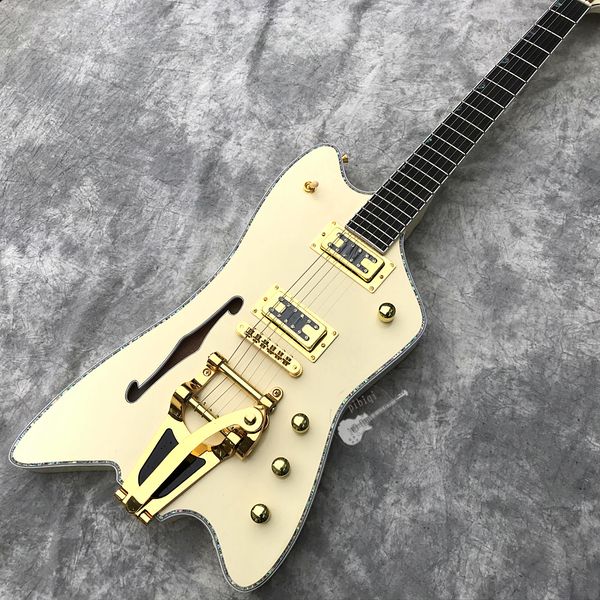 custom shop custom electric guitar, color shell pearl binding, milk white, f-hole, vibrato system large joystick, gold hardware
custom shop custom electric guitar, color shell pearl binding, milk white, f-hole, vibrato system large joystick, gold hardware
