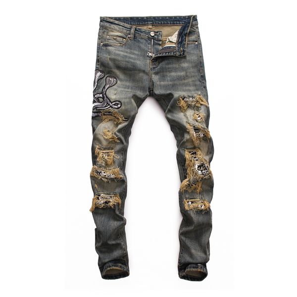 fashionable male personality python embroidery good version of micro-elastic slim hole worn yellow retro old jeans, Blue
fashionable male personality python embroidery good version of micro-elastic slim hole worn yellow retro old jeans, Blue