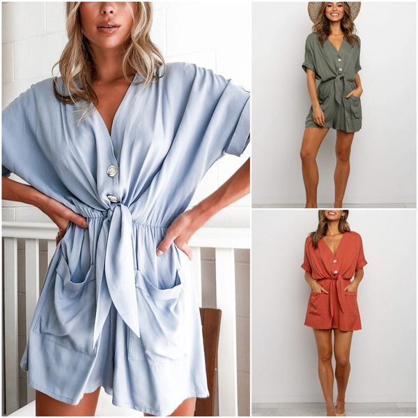 v neck summe womens rompers loose big pockets sollid color womens designer jumpsuits casual button with belt, Black;white
v neck summe womens rompers loose big pockets sollid color womens designer jumpsuits casual button with belt, Black;white