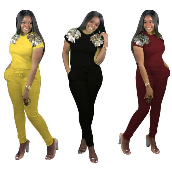2019 cotton suit trend shoulder strap sequins short-sleeved round neck t-shirt with tight pants fashion casual 2-piece suit, White
2019 cotton suit trend shoulder strap sequins short-sleeved round neck t-shirt with tight pants fashion casual 2-piece suit, White