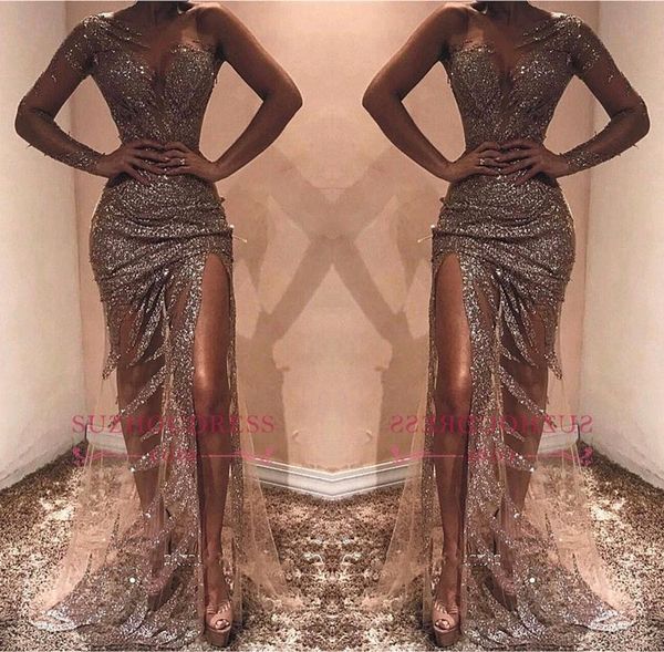 2019 designed sheath prom dresses sequined one shoulder long sleeve side splits evening party gown bc0976, Black
2019 designed sheath prom dresses sequined one shoulder long sleeve side splits evening party gown bc0976, Black