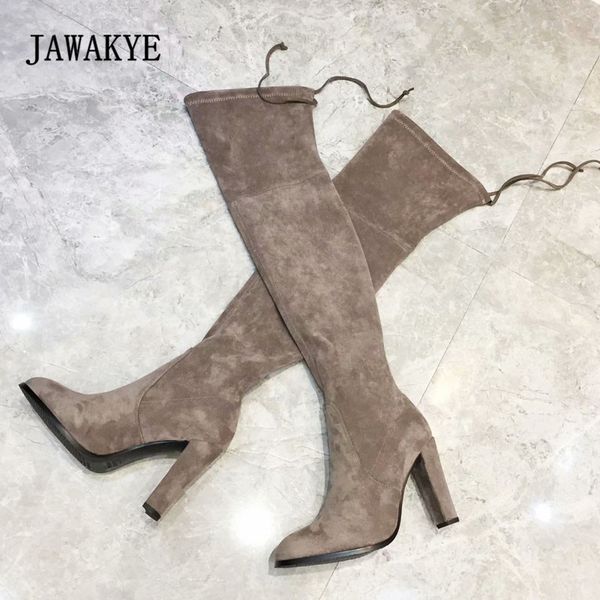 2018 suede stretch over the knee boots woman pointed toe high heel shoes women long boots, Black
