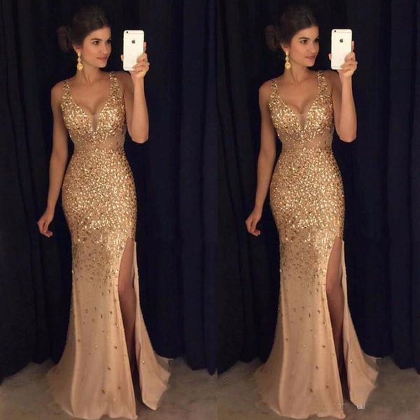 Gold Shinny Prom Dresses Mermaid Sexy V Neck Cap Sleeves Major Crystal Beaded Sequins Side Slit Formal Evening Party Dress
Gold Shinny Prom Dresses Mermaid Sexy V Neck Cap Sleeves Major Crystal Beaded Sequins Side Slit Formal Evening Party Dress