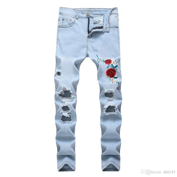 fashion mens ripped jeans floral embroidery straight fit lightblue denim pants vintage washed with embroidered hole in light color elastic, Blue
fashion mens ripped jeans floral embroidery straight fit lightblue denim pants vintage washed with embroidered hole in light color elastic, Blue