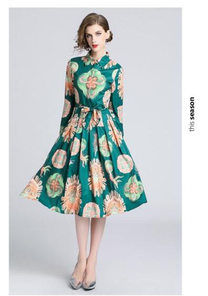 european station autumn new polo collar long-sleeved waist slim fashion print dress, Black;gray
european station autumn new polo collar long-sleeved waist slim fashion print dress, Black;gray