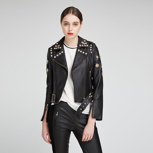 new real 100% leather haining sheepskin golden sun heavy industries rivet leather clothes female short suit handsome, Black
new real 100% leather haining sheepskin golden sun heavy industries rivet leather clothes female short suit handsome, Black