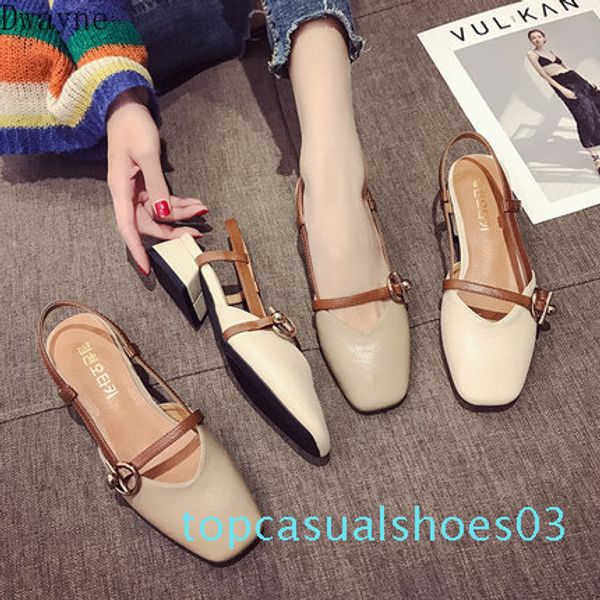 2020 new single shoes female word buckle retro square buckle shallow mouth baotou sandals female t03, Black