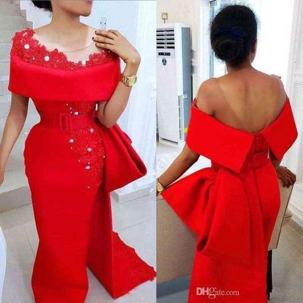 elegant saudi arabic red evening dresses 2020 sheer neck bow train beaded pearls party dress satin side split african formal prom gowns, Black;red
elegant saudi arabic red evening dresses 2020 sheer neck bow train beaded pearls party dress satin side split african formal prom gowns, Black;red