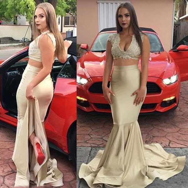 champagne two piece prom dresses mermaid v neck lace applique sweep train custom made eveing party gowns formal occasion wear, Black
champagne two piece prom dresses mermaid v neck lace applique sweep train custom made eveing party gowns formal occasion wear, Black