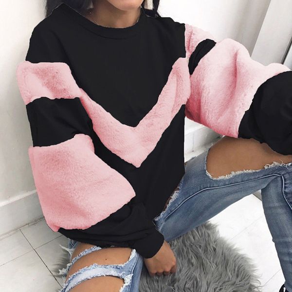 women long sleeve fur patchwork sweatshirt female pullover fashion pull shirts ladies autumn winter oversized warm hoodies, Black 
women long sleeve fur patchwork sweatshirt female pullover fashion pull shirts ladies autumn winter oversized warm hoodies, Black