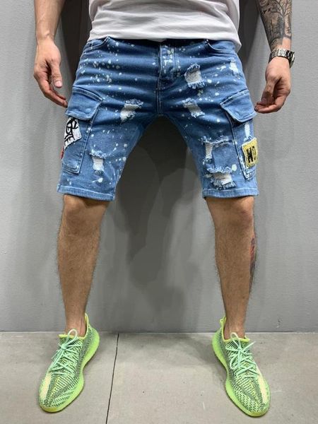 jeans blue full sticker street style mens denim shorts