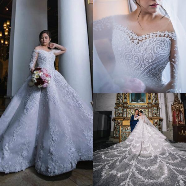 2020 luxury wedding dresses off shoulder lace 3d floral appliqued a line arabic vintage wedding dress sweep train long vestidos de novia, White
2020 luxury wedding dresses off shoulder lace 3d floral appliqued a line arabic vintage wedding dress sweep train long vestidos de novia, White