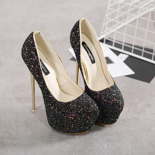 night high heels with a single shoe 2018 new hate day high waterproof sequined shallow mouth women's singles shoes, Black
night high heels with a single shoe 2018 new hate day high waterproof sequined shallow mouth women's singles shoes, Black