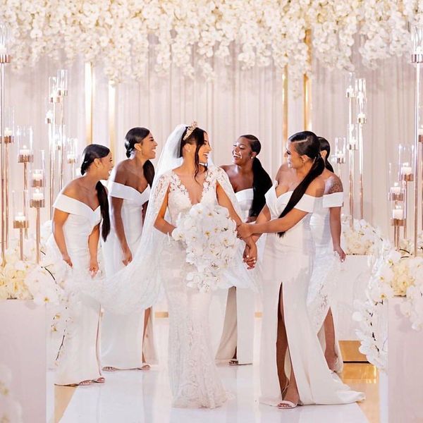 new elegant african mermaid bridesmaid dresses off shoulder split side long maid of honor prom gowns plus size custom made bd9029, White;pink
new elegant african mermaid bridesmaid dresses off shoulder split side long maid of honor prom gowns plus size custom made bd9029, White;pink