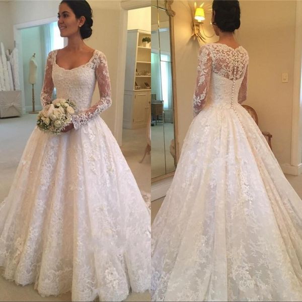 puffy buttons bridal gowns elegant court train long sleeve lace appliques wedding dress a line sweep train garden outdoor style, White
puffy buttons bridal gowns elegant court train long sleeve lace appliques wedding dress a line sweep train garden outdoor style, White