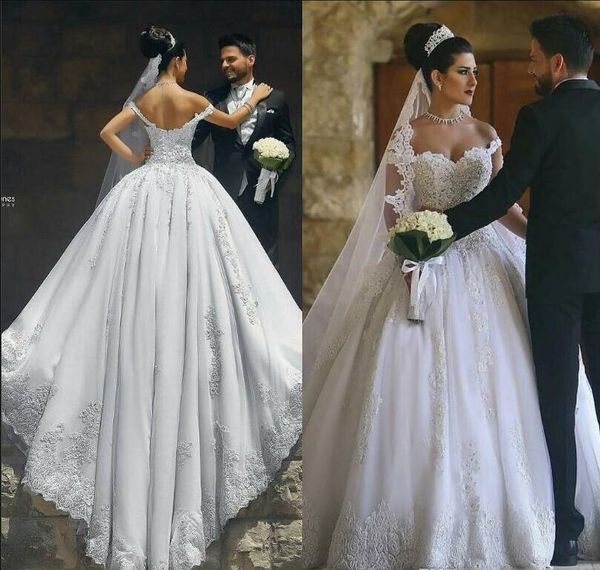 2020 saudi arabia ball gown wedding dresses cap sleeves lace appliques crystal beaded plus size sweep train button back formal bridal gowns, White
2020 saudi arabia ball gown wedding dresses cap sleeves lace appliques crystal beaded plus size sweep train button back formal bridal gowns, White