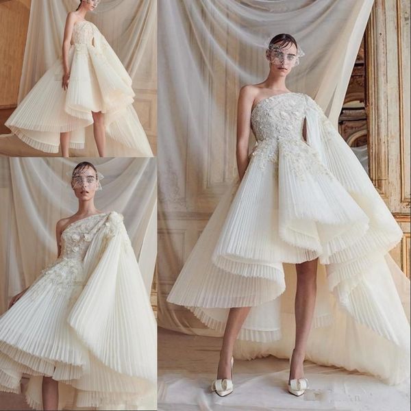 full pleated one shoulder wedding dresses 3d floral lace appliques hi-lo bridal gown even party wear vestido de novia, White
full pleated one shoulder wedding dresses 3d floral lace appliques hi-lo bridal gown even party wear vestido de novia, White