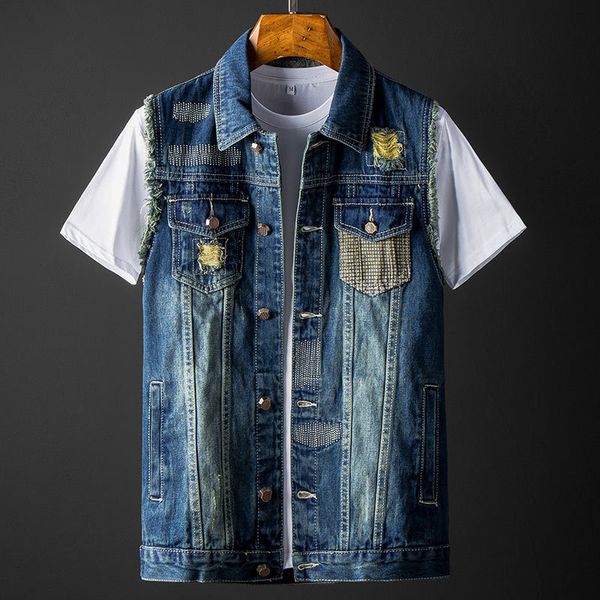 2019 new men denim vest fashion cotton embroidery hole jean sleeveless jacket hip hop street casual waistcoat male, Black;white
2019 new men denim vest fashion cotton embroidery hole jean sleeveless jacket hip hop street casual waistcoat male, Black;white