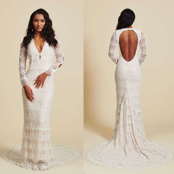 2019 bohemia mermaid wedding dresses v neck long sleeve full lace boho open backless bridal gowns beach sweep train wedding dress, White
2019 bohemia mermaid wedding dresses v neck long sleeve full lace boho open backless bridal gowns beach sweep train wedding dress, White