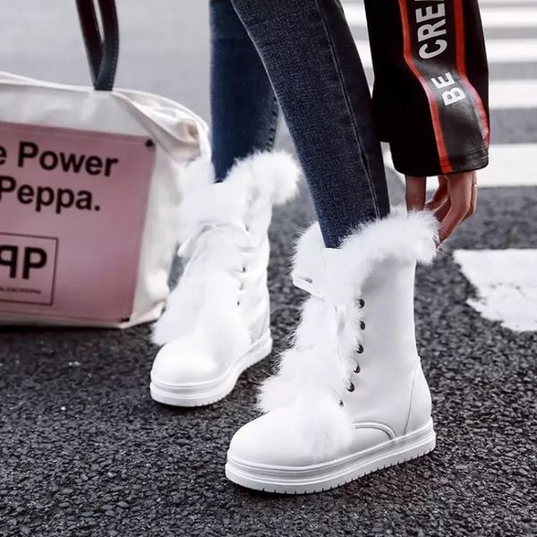 White Snow Boots Woman Hided Wedge Sweet Fur Autumn Winter Woman High Top Casual Shoes Lacing Up Ankle Short Boots