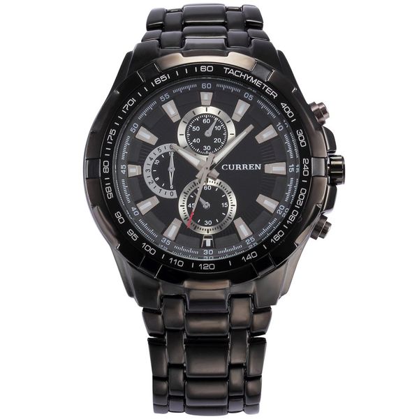 8023 black shell black surface steel belt three-eye quartz watch, Slivery;brown