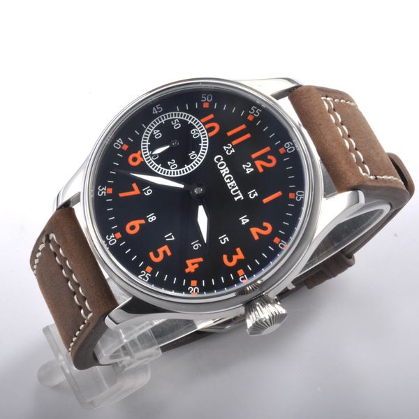44mm corgeut black dial orange number hand winding 6497 men's wrist watch, Slivery;brown
44mm corgeut black dial orange number hand winding 6497 men's wrist watch, Slivery;brown