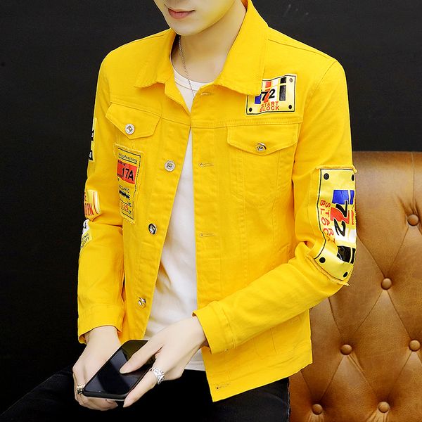fashion men's denim jacket pattern letters printed short men coat single breasted appliques decoration casual outwear g023, Black;brown
fashion men's denim jacket pattern letters printed short men coat single breasted appliques decoration casual outwear g023, Black;brown
