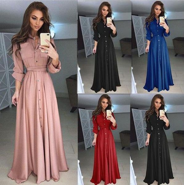 autumn women dresses v neck casual dress long sleeve floor length split solid, Black;gray
