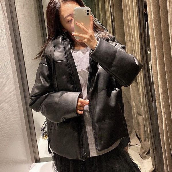 women hooded parkas jacket winter solid zipper loose outwear pu leather parkas leather clothing short coat, Black
women hooded parkas jacket winter solid zipper loose outwear pu leather parkas leather clothing short coat, Black