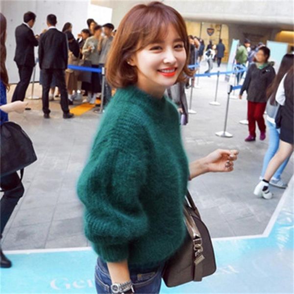 autumn and winter new lantern sleeve imitates mink velvet semi-high collar loose solid color knit sweater for women, White;black 
autumn and winter new lantern sleeve imitates mink velvet semi-high collar loose solid color knit sweater for women, White;black