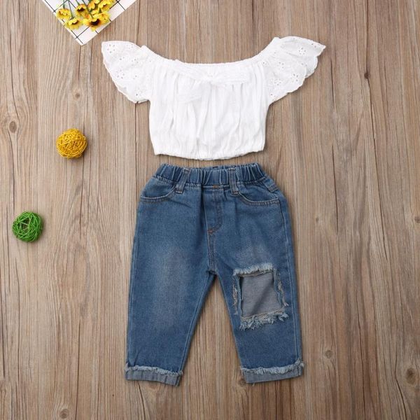 summer toddler kids baby girls off shoulder +ripped jeans denim pants outfits clothes fashion set, White
summer toddler kids baby girls off shoulder +ripped jeans denim pants outfits clothes fashion set, White