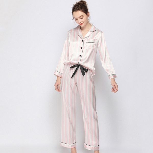 women silk casual pajamas loose solid long sleeve two-pieces set strip nightgown sleepwear autumn clothes female homewear, Black;red
women silk casual pajamas loose solid long sleeve two-pieces set strip nightgown sleepwear autumn clothes female homewear, Black;red
