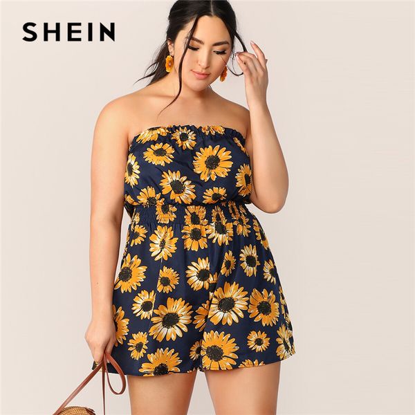 

shein plus sunflower print shirred waist tube romper 2019 boho summer frill playsuit sleeveless strapless jumpsuits, Black;white