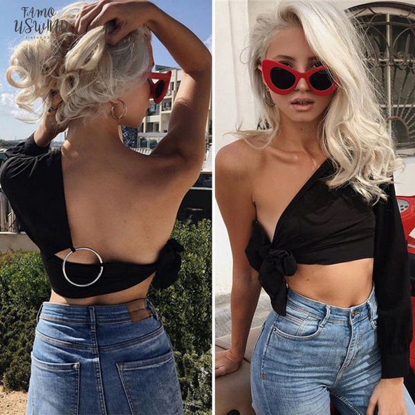 fashion women ladies unique one shoulder petal sleeve strappy backless crop black special clothes, White
fashion women ladies unique one shoulder petal sleeve strappy backless crop black special clothes, White