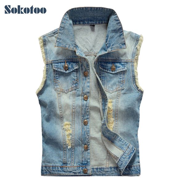 sokotoo men's casual plus large size holes ripped denim vest slim light medium dark blue tank coat outerwear, Black;white
sokotoo men's casual plus large size holes ripped denim vest slim light medium dark blue tank coat outerwear, Black;white