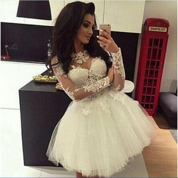 2020 short mini white homecoming dresses illusion long sleeves lace appliques tulle puffy custom party graduation formal cocktail gowns, Red
2020 short mini white homecoming dresses illusion long sleeves lace appliques tulle puffy custom party graduation formal cocktail gowns, Red