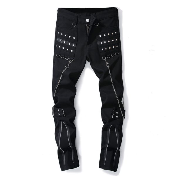 fashion mens hip hop jeans pants with chains punk style denim trousers with revits streetwear black jean joggers, Blue
fashion mens hip hop jeans pants with chains punk style denim trousers with revits streetwear black jean joggers, Blue