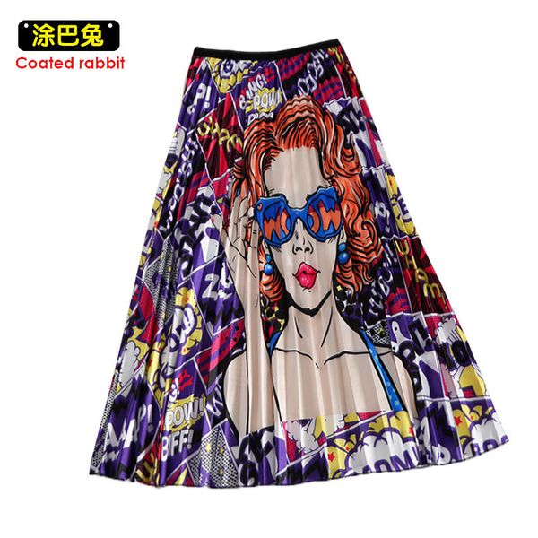 

Cr 2019 Spring New-coming Europen Cartoon Pattern High Elasticity Pleated Skirt High Street Style A-line Mid-calf Christmas Y190428, A28
